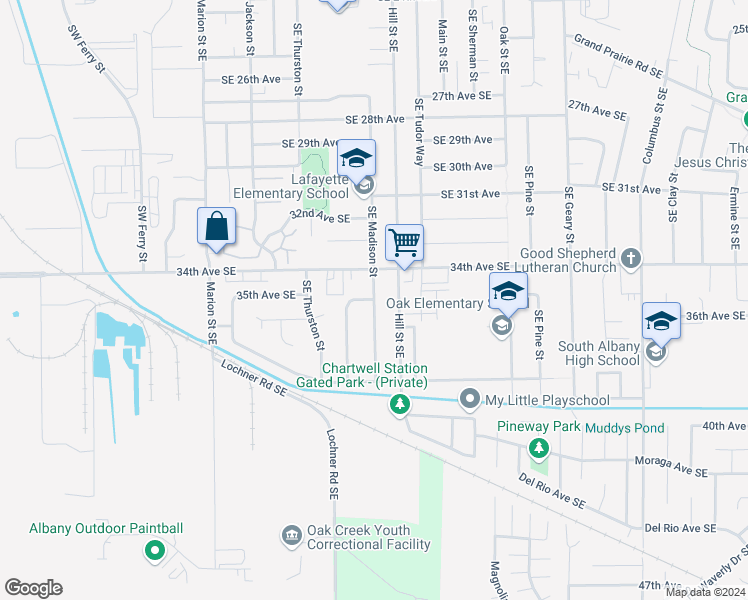 map of restaurants, bars, coffee shops, grocery stores, and more near 3501 Southeast Madison Street in Albany