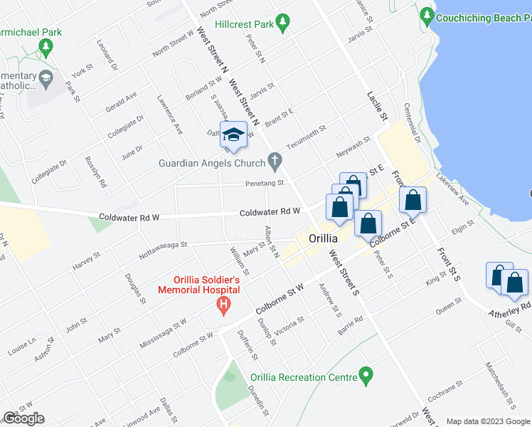 map of restaurants, bars, coffee shops, grocery stores, and more near 41 Coldwater Road West in Orillia