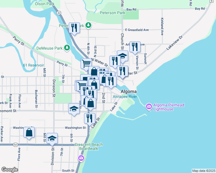 map of restaurants, bars, coffee shops, grocery stores, and more near 50 Church Street in Algoma