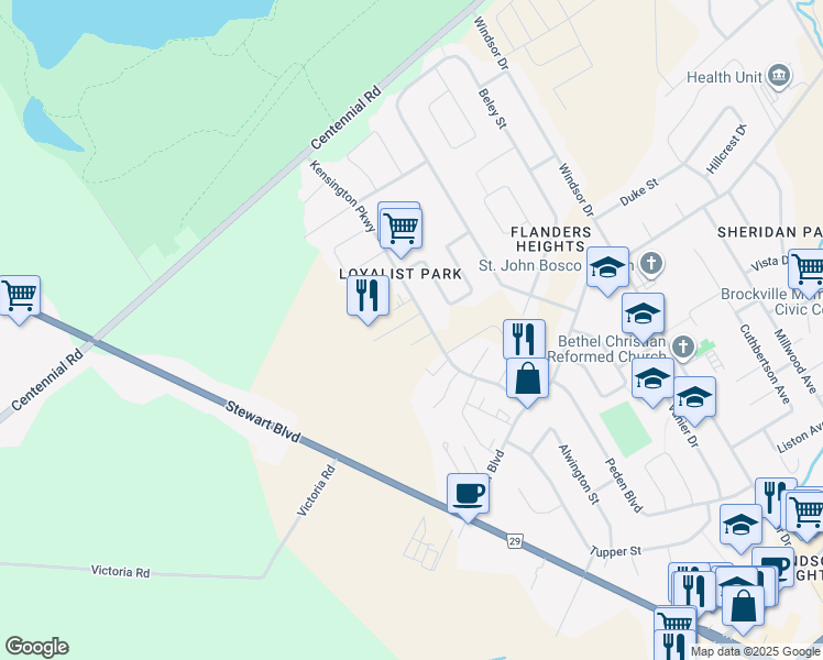 map of restaurants, bars, coffee shops, grocery stores, and more near 815 Kyle Court in Brockville