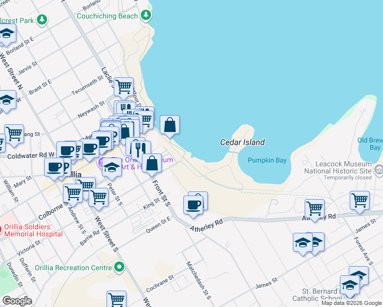 map of restaurants, bars, coffee shops, grocery stores, and more near Lakeview Avenue in Orillia