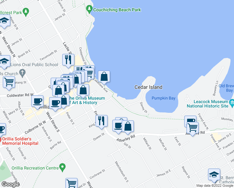 map of restaurants, bars, coffee shops, grocery stores, and more near in Orillia