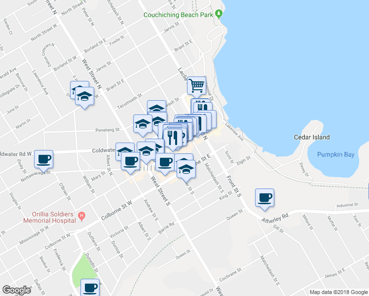 map of restaurants, bars, coffee shops, grocery stores, and more near in Orillia