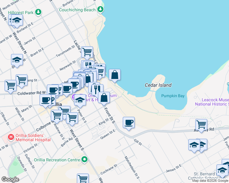 map of restaurants, bars, coffee shops, grocery stores, and more near 6 Wyn Wood Lane in Orillia
