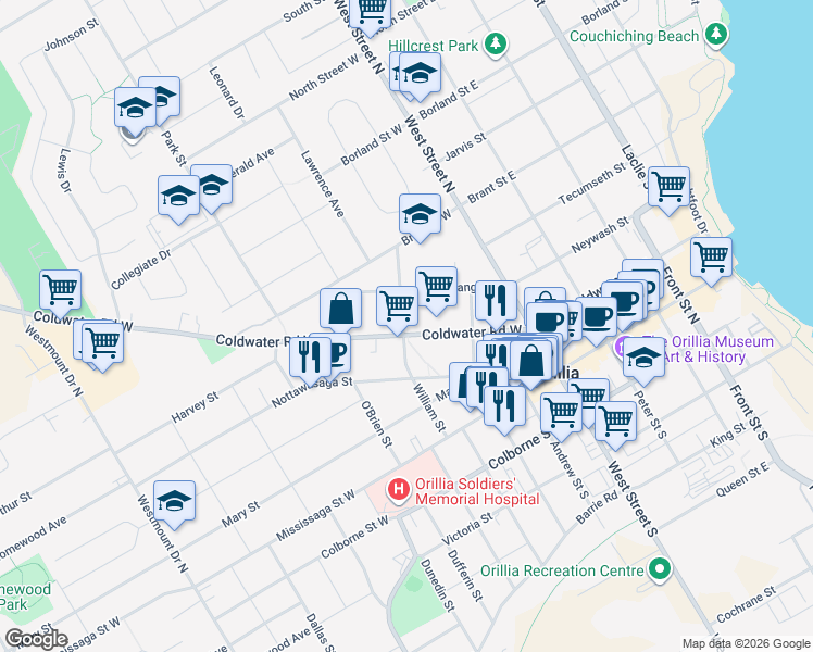 map of restaurants, bars, coffee shops, grocery stores, and more near 63 Penetang Street in Orillia
