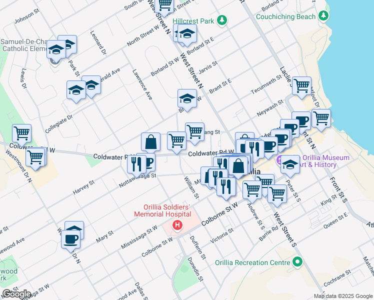 map of restaurants, bars, coffee shops, grocery stores, and more near 82 Coldwater Road West in Orillia