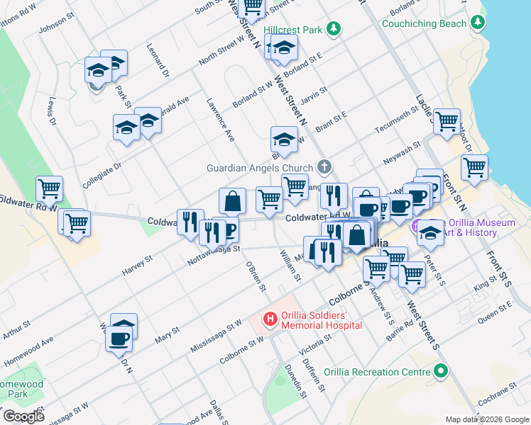 map of restaurants, bars, coffee shops, grocery stores, and more near 103 Patrick Street in Orillia