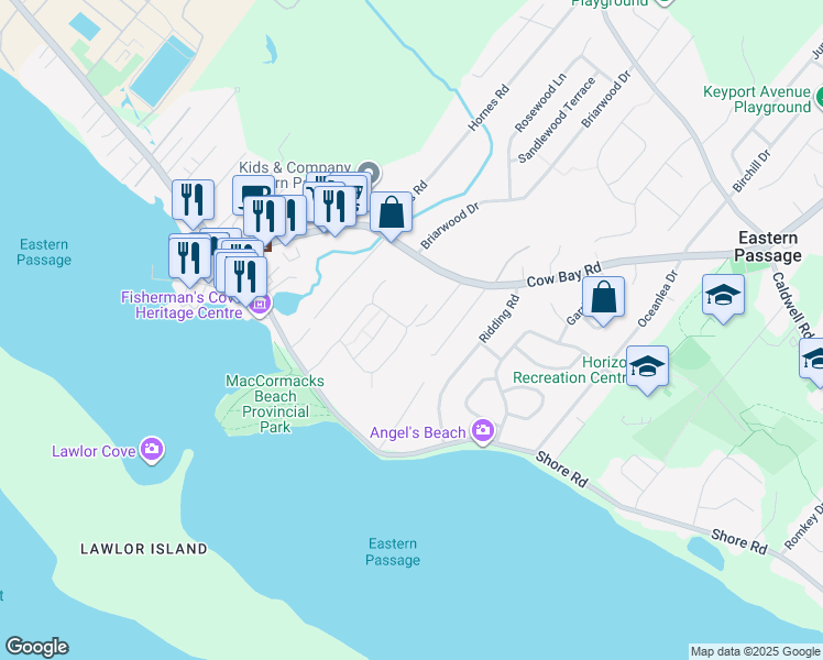 map of restaurants, bars, coffee shops, grocery stores, and more near 3 Moonlit Ridge in Eastern Passage