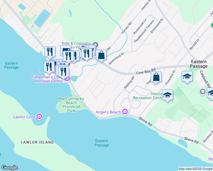 map of restaurants, bars, coffee shops, grocery stores, and more near 3 Moonlit Ridge in Eastern Passage