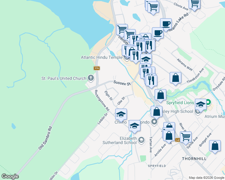 map of restaurants, bars, coffee shops, grocery stores, and more near 16 Clearview Street in Halifax