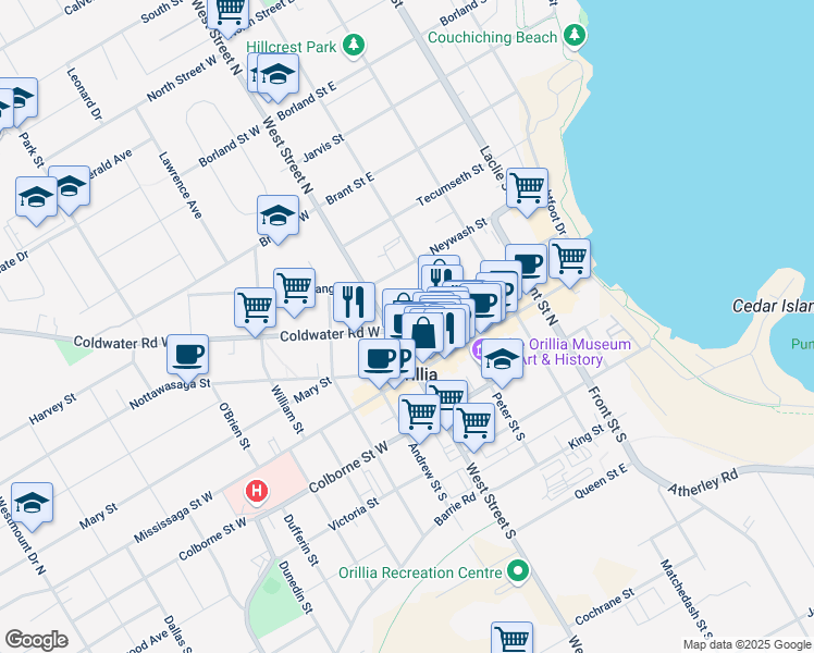 map of restaurants, bars, coffee shops, grocery stores, and more near 8 Coldwater Street East in Orillia