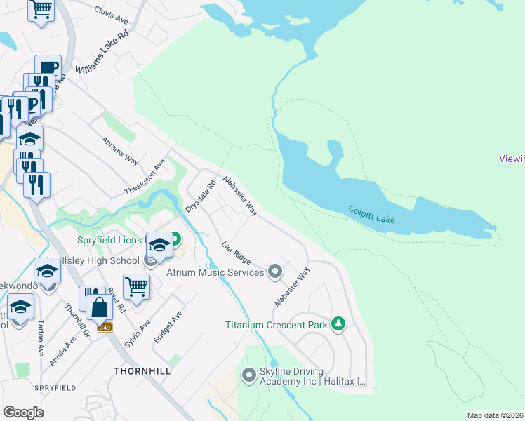 map of restaurants, bars, coffee shops, grocery stores, and more near 86 Alabaster Way in Halifax