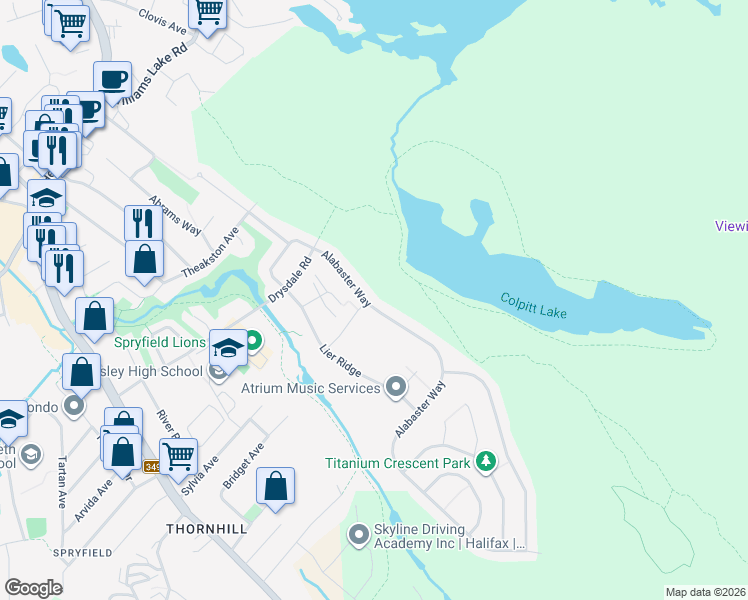 map of restaurants, bars, coffee shops, grocery stores, and more near 86 Alabaster Way in Halifax
