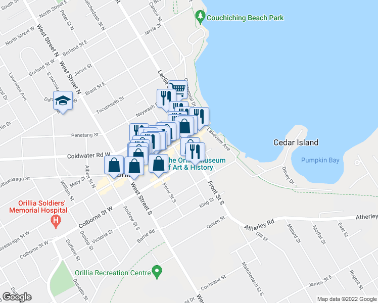 map of restaurants, bars, coffee shops, grocery stores, and more near 25 Front Street South in Orillia