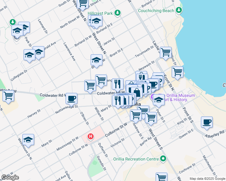 map of restaurants, bars, coffee shops, grocery stores, and more near 40 Coldwater Road West in Orillia