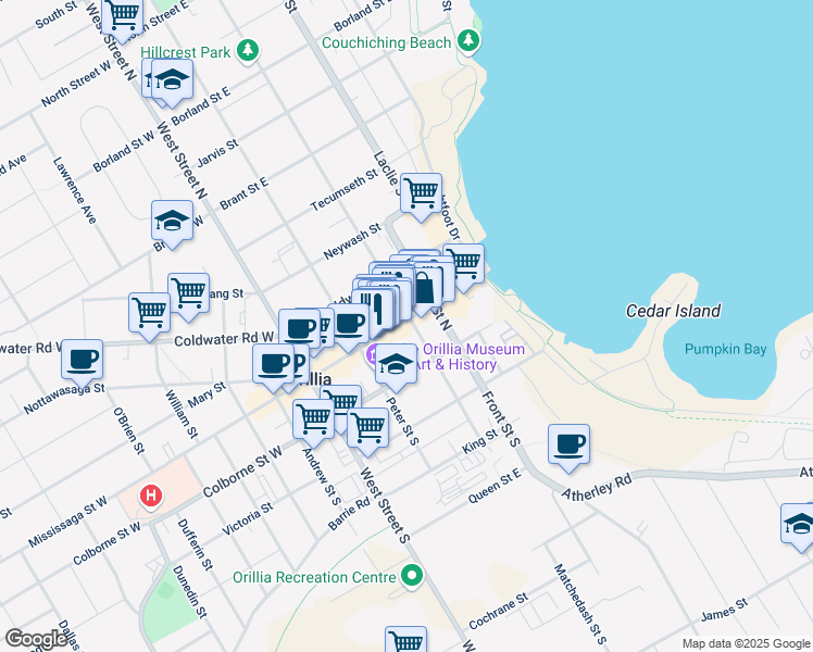 map of restaurants, bars, coffee shops, grocery stores, and more near 9 Matchedash Street North in Orillia