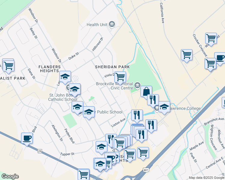 map of restaurants, bars, coffee shops, grocery stores, and more near 1241 Millwood Avenue in Brockville