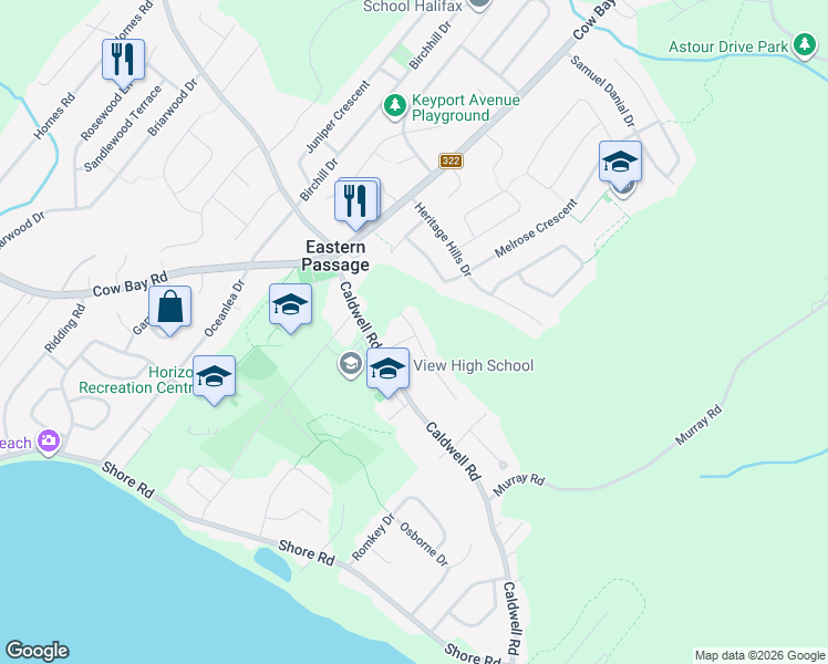 map of restaurants, bars, coffee shops, grocery stores, and more near 20 Shamrock Court in Eastern Passage