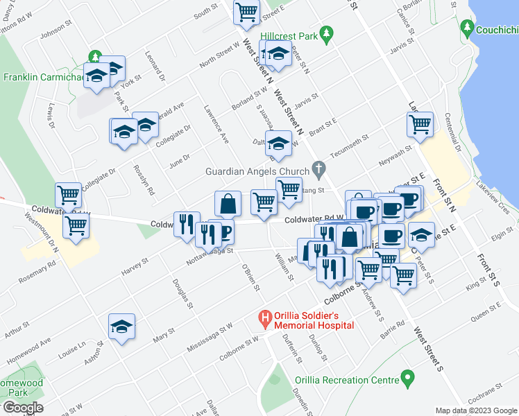 map of restaurants, bars, coffee shops, grocery stores, and more near 103 Patrick Street in Orillia