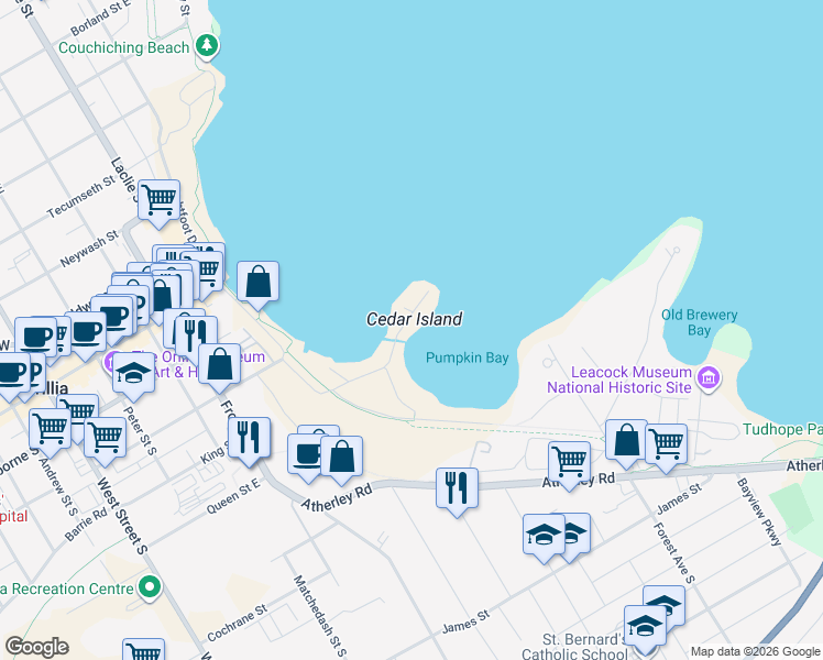 map of restaurants, bars, coffee shops, grocery stores, and more near 187 Cedar Island Road in Orillia