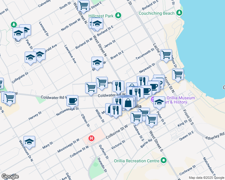 map of restaurants, bars, coffee shops, grocery stores, and more near 87 Albert Street North in Orillia