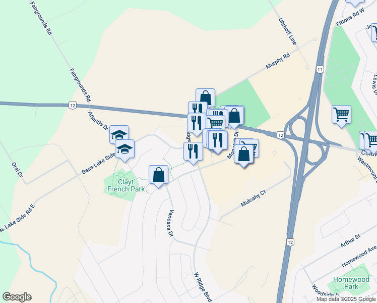 map of restaurants, bars, coffee shops, grocery stores, and more near 3217 Bass Lake Side Road East in Orillia