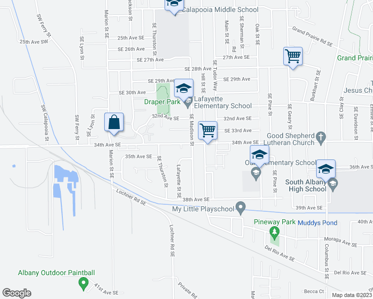 map of restaurants, bars, coffee shops, grocery stores, and more near 854 34th Avenue Southeast in Albany