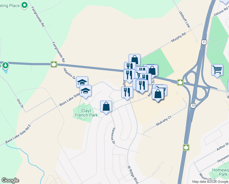 map of restaurants, bars, coffee shops, grocery stores, and more near 1 Sphinx Court in Orillia