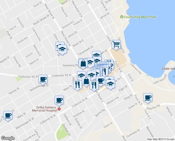 map of restaurants, bars, coffee shops, grocery stores, and more near 8 Coldwater Street East in Orillia