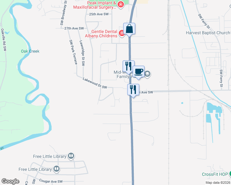 map of restaurants, bars, coffee shops, grocery stores, and more near 1020 Lakewood Drive Southwest in Albany