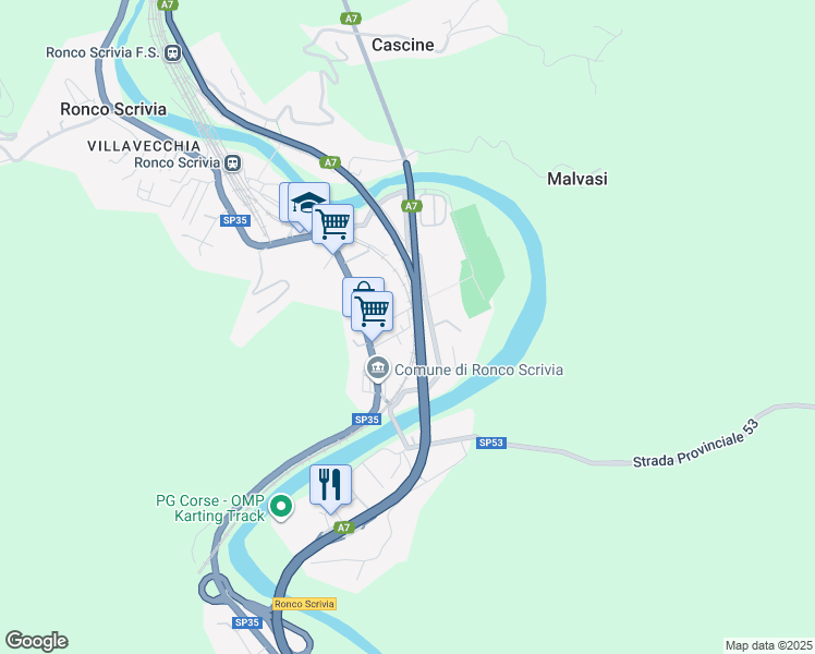 map of restaurants, bars, coffee shops, grocery stores, and more near 45 Via R. Quartini in Ronco Scrivia