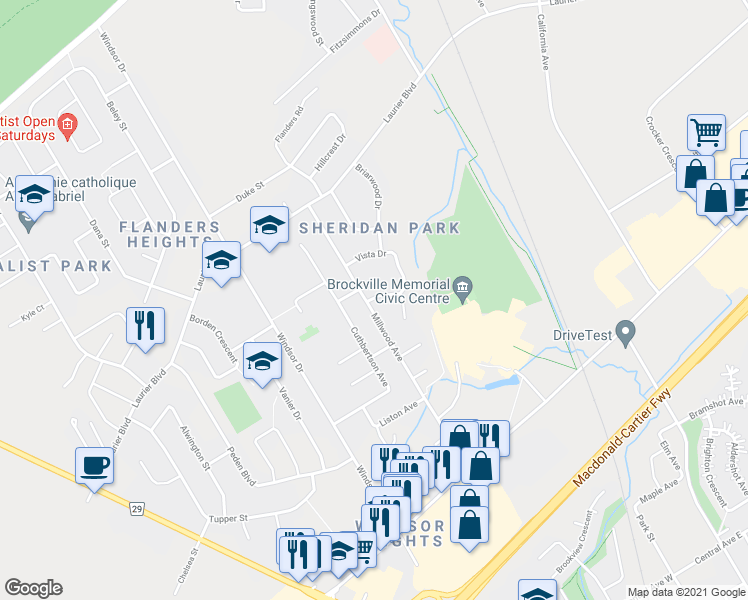 map of restaurants, bars, coffee shops, grocery stores, and more near 1301 Millwood Avenue in Brockville
