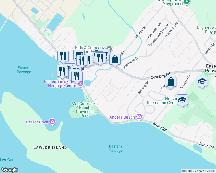 map of restaurants, bars, coffee shops, grocery stores, and more near 77 Sailors Trail in Eastern Passage
