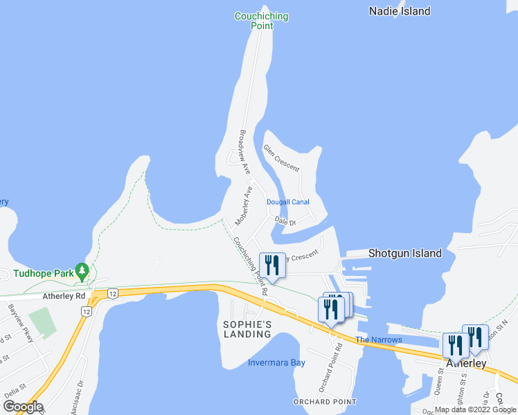 map of restaurants, bars, coffee shops, grocery stores, and more near 636 Broadview Avenue in Orillia