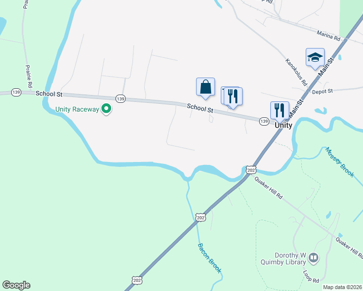 map of restaurants, bars, coffee shops, grocery stores, and more near 130 Newell Court in Unity