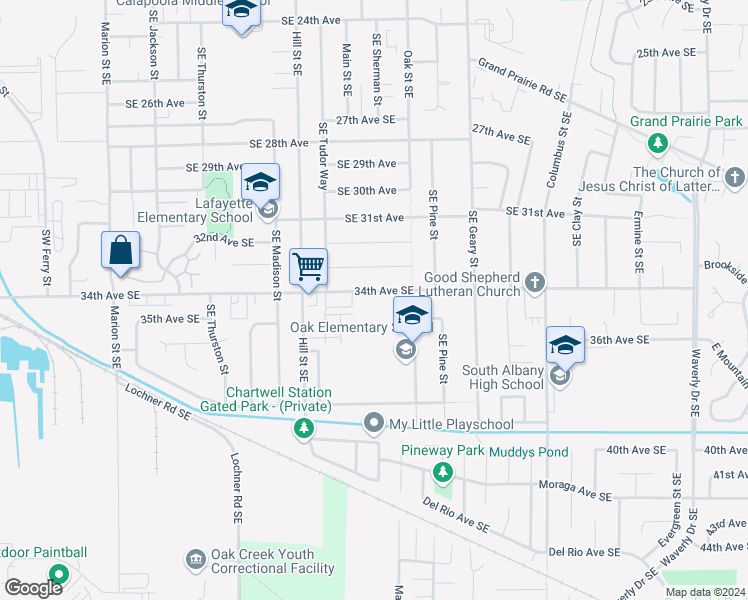 map of restaurants, bars, coffee shops, grocery stores, and more near 1214 34th Avenue Southeast in Albany