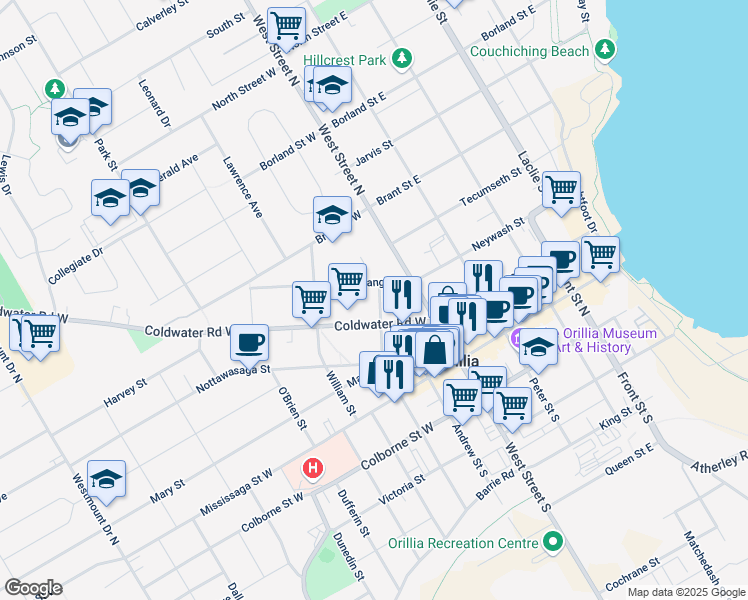 map of restaurants, bars, coffee shops, grocery stores, and more near 87 Albert Street North in Orillia