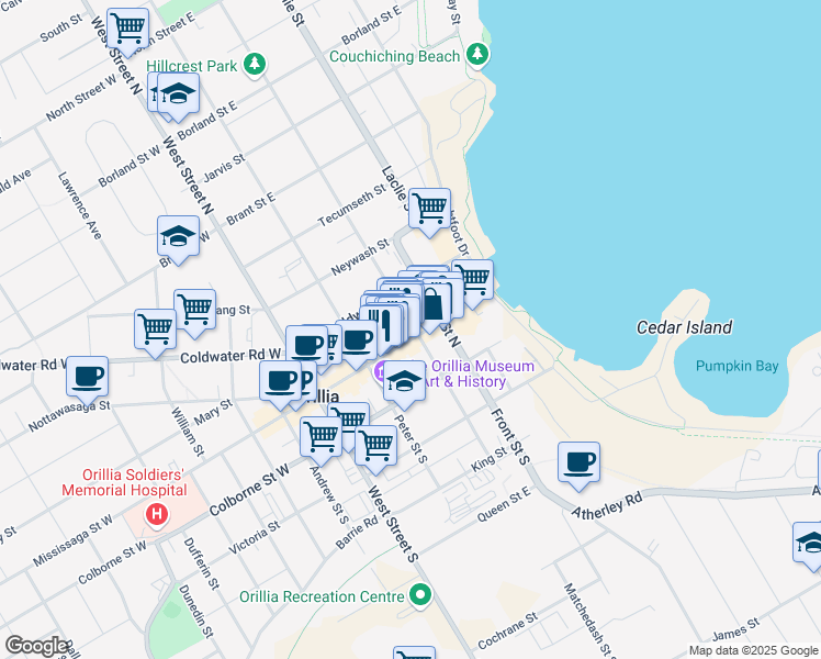 map of restaurants, bars, coffee shops, grocery stores, and more near 9 Matchedash Street North in Orillia