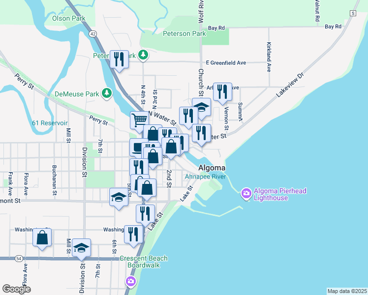 map of restaurants, bars, coffee shops, grocery stores, and more near 50 Church Street in Algoma
