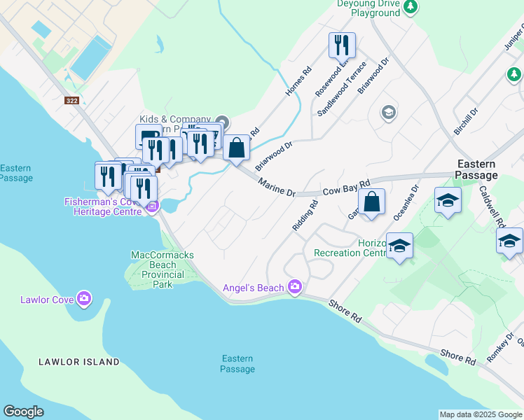 map of restaurants, bars, coffee shops, grocery stores, and more near 23 Moonlit Ridge in Eastern Passage
