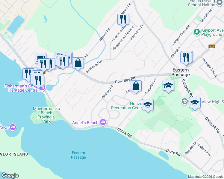 map of restaurants, bars, coffee shops, grocery stores, and more near 22 Ridding Road in Eastern Passage
