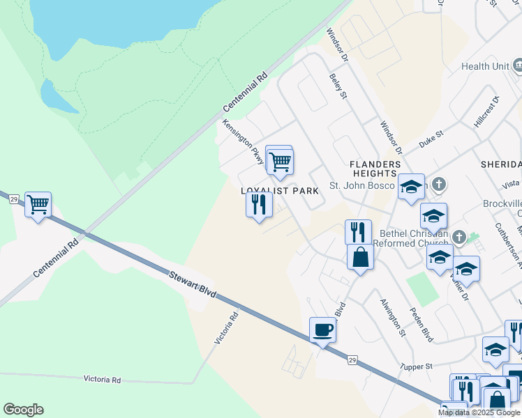 map of restaurants, bars, coffee shops, grocery stores, and more near 819 Macodrum Drive in Brockville