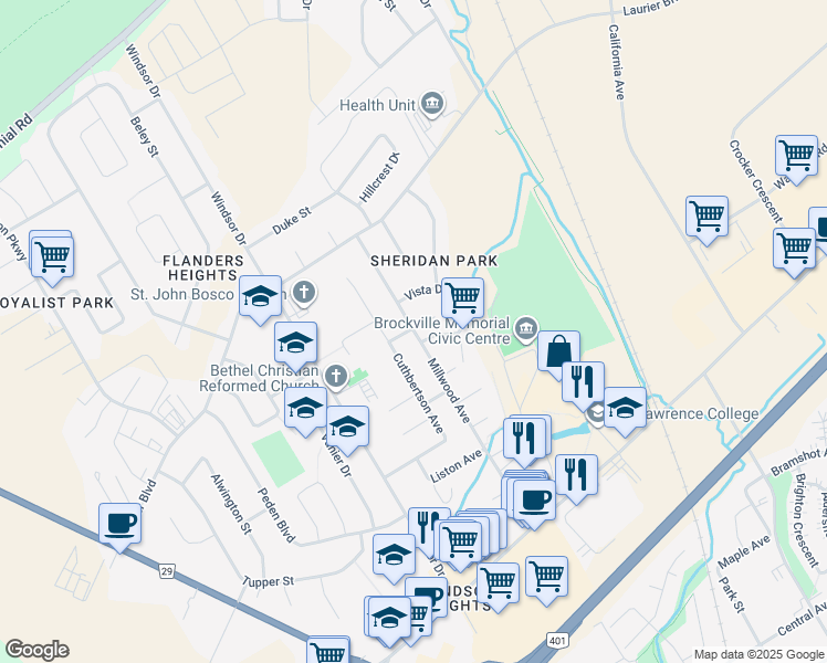 map of restaurants, bars, coffee shops, grocery stores, and more near 1311 Millwood Avenue in Brockville