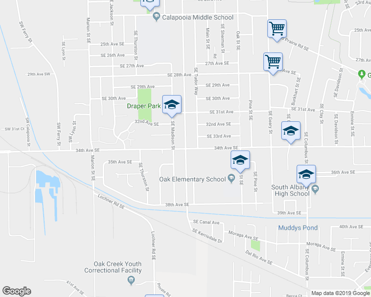 map of restaurants, bars, coffee shops, grocery stores, and more near SE Hill St & 34th Ave SE in Albany