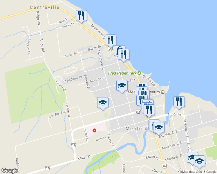 map of restaurants, bars, coffee shops, grocery stores, and more near Lombard Street in Meaford