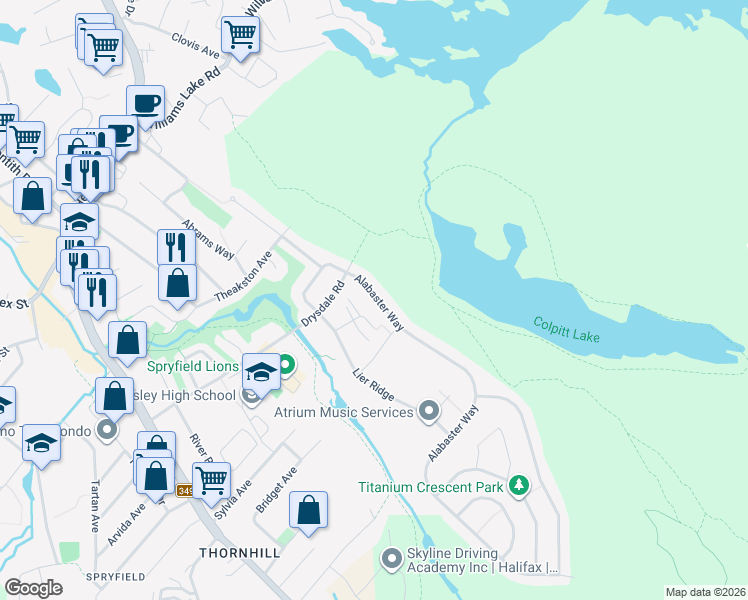 map of restaurants, bars, coffee shops, grocery stores, and more near 41 Alabaster Way in Halifax