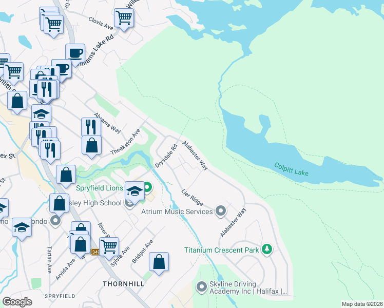 map of restaurants, bars, coffee shops, grocery stores, and more near 41 Alabaster Way in Halifax
