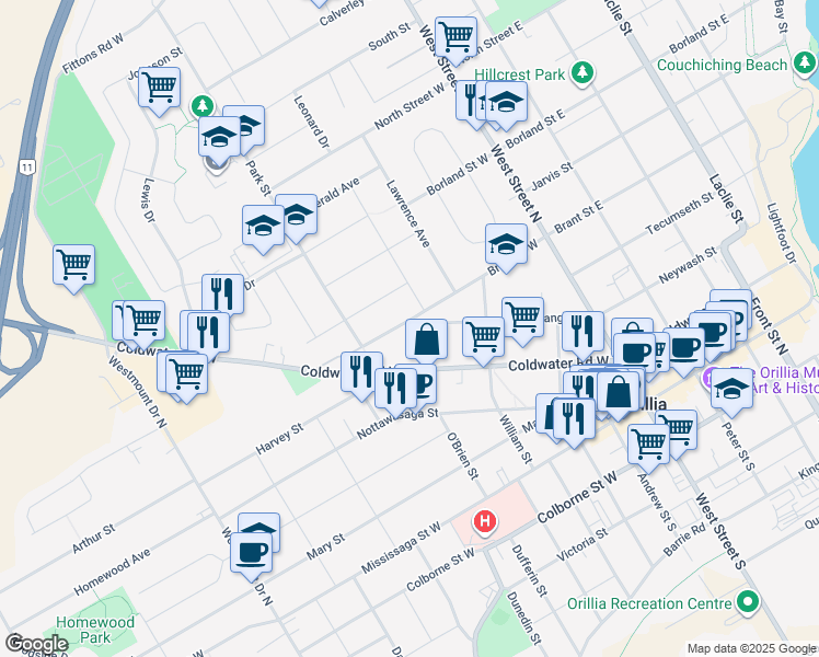 map of restaurants, bars, coffee shops, grocery stores, and more near 151 Brant Street West in Orillia