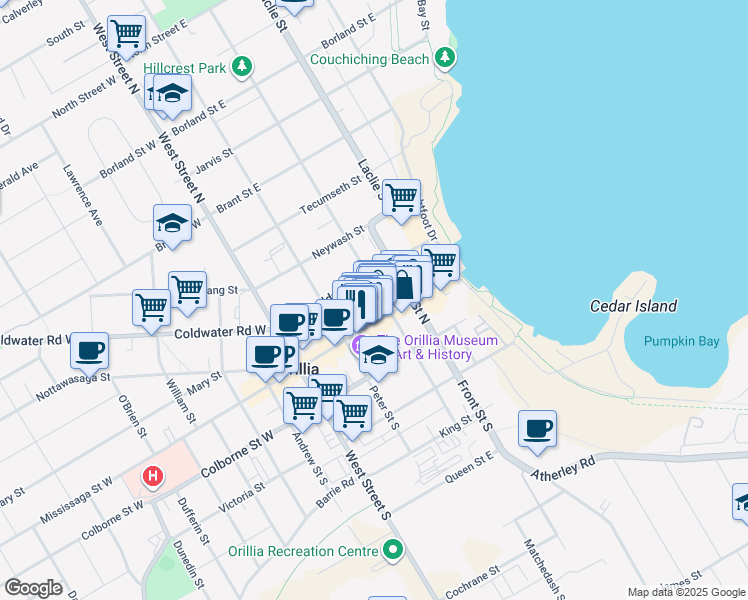 map of restaurants, bars, coffee shops, grocery stores, and more near 19 Matchedash Street North in Orillia