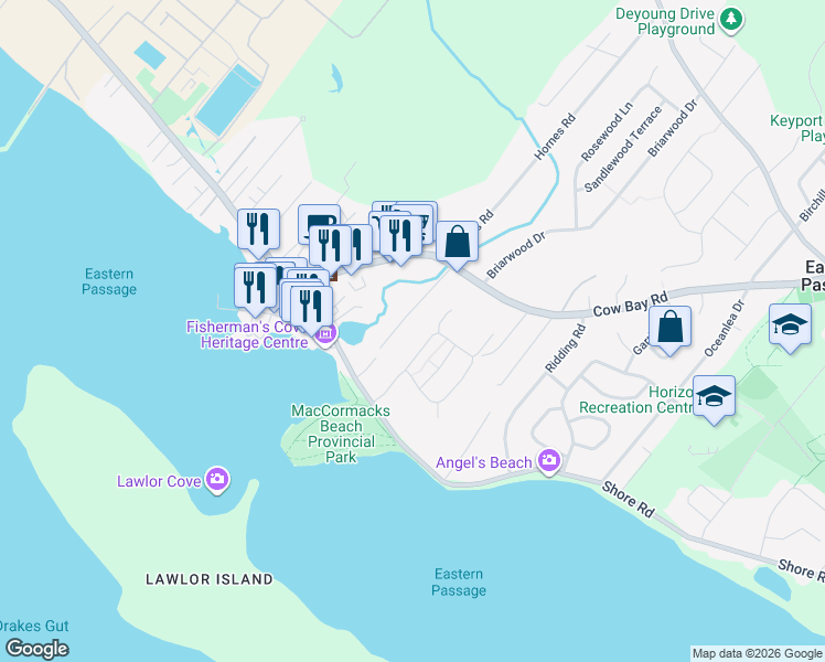 map of restaurants, bars, coffee shops, grocery stores, and more near 54 McCormacks Lane in Eastern Passage